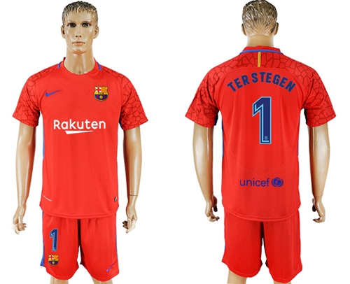 Barcelona #1 Ter Stegen Red Goalkeeper Soccer Club Jersey - Click Image to Close